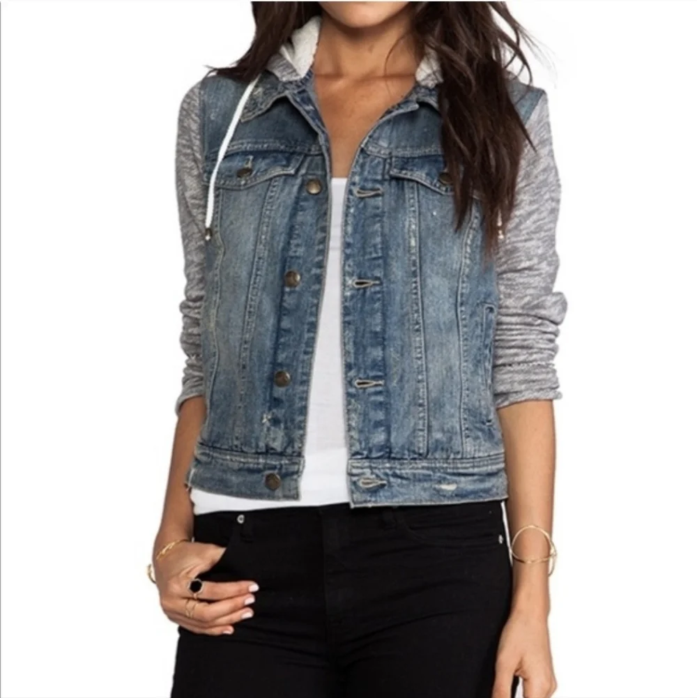 Free People Distressed Denim & Knit French Terry Hoodie Jacket,Blue/Gray, Size L